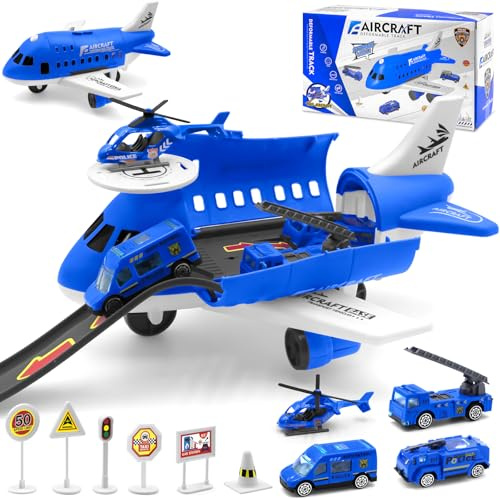 PQETBV Giocattoli per Aeromobili e Automobili, Set di Giochi per l'aviazione per Bambini, Set Aereo Bambini con 3 Mini Auto e 1 Elicottero, Regalo di Natale Adatto a Ragazzi e Ragazze dai 2-12 Anni