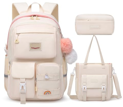 Alrisg Girls Backpack Student Laptop Book Bag with Multiple Pockets for Teen Kids Elementary Middle School Travel Daypack Beige Tote