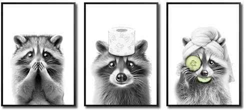 JINZUNRUI Badezimmer Deko Bilder, Schwarz-weiß Bad Poster A4 Wandbilder, Lustige Raccoon Toilette Wand Deko, Leinwand Badezimmer Bilder- Ohne Rahmen