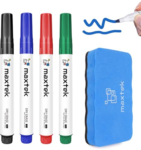 maxtek Whiteboard Pens Markers with Magnetic Eraser, 4 Colours White board Markers Erasable, Bullet Tip 2-3mm Lines, Low Odour Dry Wipe pens for School Office Home (Pack of 4)