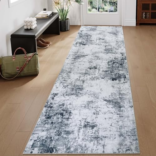 Homcomodar Teppich Flur Läufer 80x300cm Modern Abstrakter rutschfest Teppichläufer Flur Grau Schwarz läufer Lang Waschbar Kurzflor Kunstwolle Teppiche für Eingang Wohnzimmer Schlafzimmer Küche