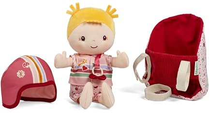Lilliputiens, Lena, Puppe mit Fahrradsitz und Zubehör, ab 18 Monaten | Stoffsitz für Fahrrad oder Laufrad, Helm, Weste und abnehmbares Outfit mit Magnetschnuller