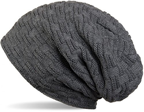 styleBREAKER Feinstrick Longbeanie Mütze mit Flecht Muster und warmem Fleece Innenfutter | Winter Strickmütze Unisex elastisch weich bequem warm, Farbe:Dunkelgrau