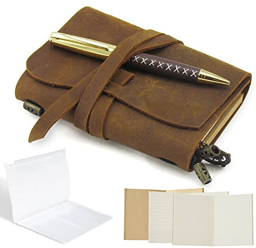 Sovereign-Gear Petit Agenda de Poche en Cuir | Carnet de Notes | Journal Carnet de Voyage rechargeable - Cahier de Voyage Taille Passeport pour Écrire des Notes 13.7x11cm avec Stylo