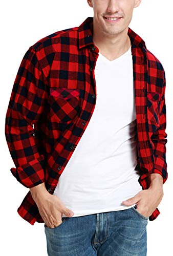 JEETOO Homme Chemise à Carreaux Manche Longue Casual Slim Fit en Flanelle (Rouge, Large)