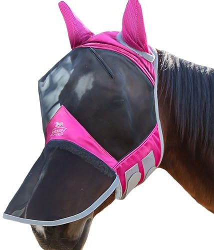 Harrison Howard CareMaster Pro Luminous Horse Fly Mask Large Eye Space Long Nose with Ears UV Protection for Horse Flamingo (XL; Extra Full)