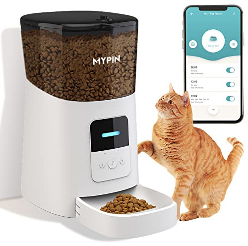Automatic Cat Feeder, MYPIN 2.4G WiFi 6L Cat Food Dispenser, App Control Feeder Automatic with Timer, Low Food Alarm, 10s Voice Recording, Up to 50 Portions 15 Meals Per Day for Cats
