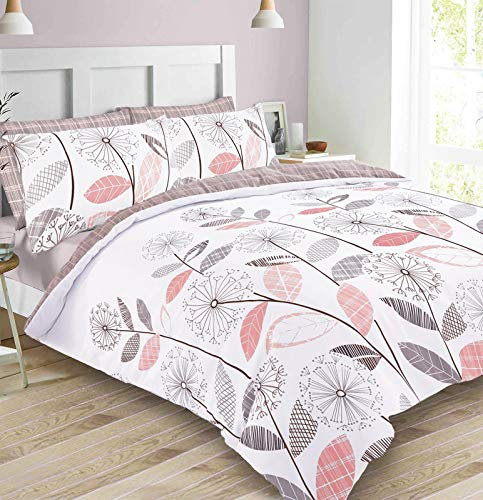 Dreamscene Single Duvet Cover Set Blush Pink Grey Floral Check, Bedding Single Bed Set