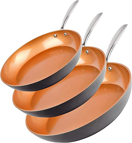 Gotham Steel PRO 3 Pc Hard Anodized Ceramic Frying Pans Set, 8” 10” 12” Nonstick Frying Pans Skillet with Non Toxic Ceramic & Titanium Coating, Induction Ready, Oven and Dishwasher Safe - Copper
