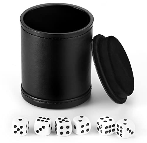 Hloyacc Felt Lined Dice Cup PU Leather Set, Quiet Shaker for Dice Board Family Games Yahtzee Farkle, Set of Six 16mm Rolling Dice Included