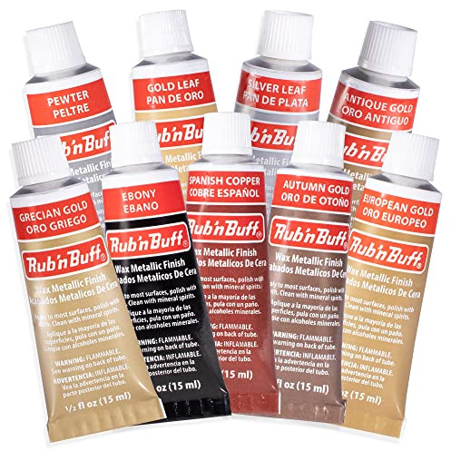 AMACO Rub n Buff Wax Metallic Finish 9 Color Kit - Antique Gold European Gold Grecian Gold Autumn Gold Gold Leaf Spanish Copper Silver Leaf Ebony Pewter - 9 Rub and Buff Gilding Wax 15ml Tubes