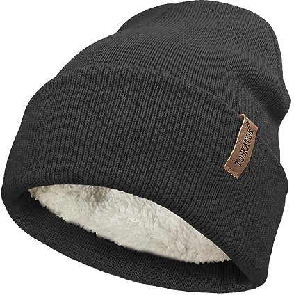 TOSKATOK Ladies Men's Unisex Classic Cuffed Soft Warm Winter Knitted Beanie Hat with Soft Thermal Teddy Fleece Liner-Black-A