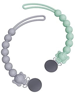 Schnullerketten Clips, Schnullerband Baby, Silikon Schnullerband, Baby Schnullerkette Clip Geschenk zum Baby-StretchStil, Schnullerketten für Neugeborene Mädchen und Jungen, 2 Stück (Grün+Light Grey)