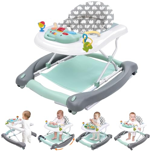 Foldable Baby 5-in-1 Activity Walker - Rocker, Activity Center, Bouncer, Seat Walker, Push Walker - Adjustable Speed Rear Wheels and Height Toys Ages 6-18 Months… (Mint Green)