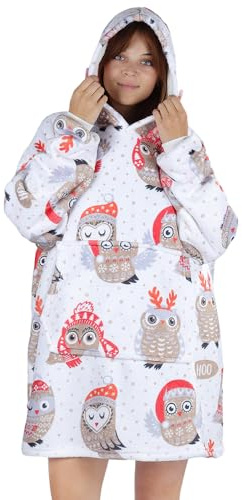 Queenshin Búho Navideño Sudadera Manta con Capucha y Bolsillo Mujer Hombre Regalo, Oversize Batamanta Hoodie Poncho Sherpa Suave y Acogedora, Talla Única