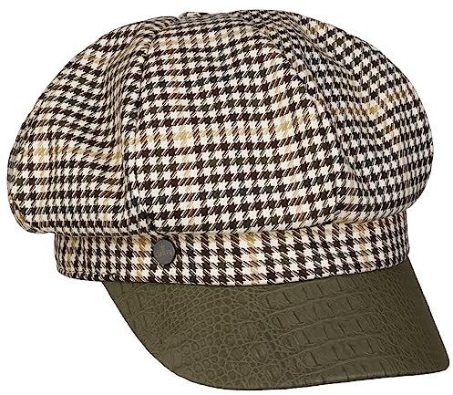 Lierys Verlea Balloon Cap Made in Italy Handmade Houndstooth Baker-Boy Cap Leatherlook Visor Women Autumn Winter Olive