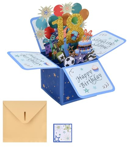 Tarjeta de Cumpleaños Número 18, Tarjeta Felicitacion con Sobre y Tarjeta con Mensaje, Tarjetas Emergentes 3D con Caja Sorpresa, Tarjetas de Deseos de Cumpleaños para Niños y Niñas de 18 Años