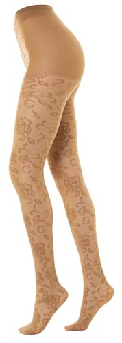 Gi&Gi Blommiga mönstrade strumpbyxor, dam blommig ton-i-ton spets tights. 40 Denier N.1464, Beige, S-M