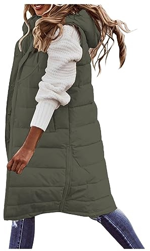 Kingkingma Chaleco largo acolchado para mujer, sin mangas, de algodón, ligero, con capucha, chaqueta de invierno para mujer, 1-Amy Verde, XXXL