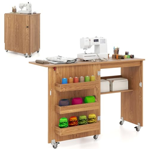 Multigot Folding Sewing Table, 2-in-1 Mobile Craft Table with Open Shelves and Rolling Casters, Sewing Machine Cabinet Computer Desk for Home Office (Natural)