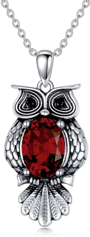 LONAGO Collana con gufo, in argento sterling 925, 6 mm x 8 mm, taglio ovale, pietra portafortuna, vintage, gufo, collana da donna, Argento sterling, Granato