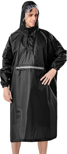 ANYOO Poncho Antipioggia Leggero Impermeabile con Maniche Regolabili, Giacca Antipioggia Portatile con Tasca Multiuso per Uomo Donna Outdoor Ciclismo, Nero, Taglia unica