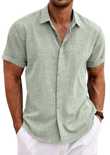 COOFANDY linneskjorta herr kortärmad skjorta button down regular fit fritidsskjorta sommar strand linne skjorta, Ljusgrön, 3XL