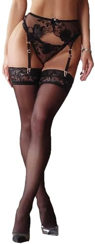 Damen Sexy Spitze Strumpfhalter und Strümpfen Strapsstrümpfe,Transparente Netz Dessous Set mit 4 Metallclips,Verstellbare Netzstrumpfhose,3 Teiliges Strumpfgürtel+G-String+Strümpfen (Schwarz, M)