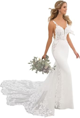 JIAJUPA Robes de mariée sirène pour mariée avec appliques en dentelle dos nu robes de mariée de plage avec traîne, blanc, 38