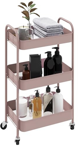 HOMCOM 3-tier Storage Trolley on Wheels, Metal Kitchen Trolley, Rolling Utility Cart with 3 Mesh Baskets for Books, Beauty Supplies, Crafts, Bathroom, Kitchen, Office, Pink