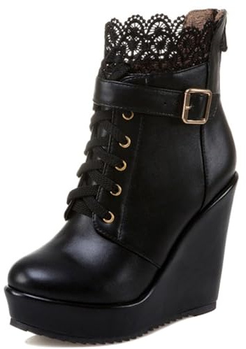 Asterisco Bottines Femme Talon Compensé avec Plateforme Talons Hauts Bottines Bout Rond Lacets Bottes Habillées, Y207789Ow Noir Taille 34 EU