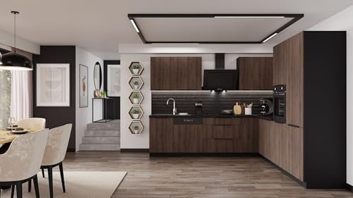 Winkelküche Monza 280x270 cm Küchenzeile Eckküche Küche Nußbaum Okapi Schwarz