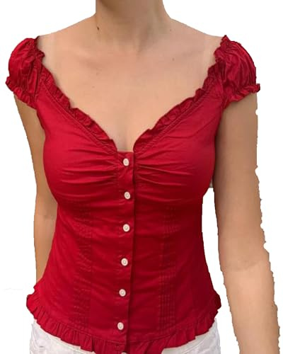 Cusghjbsg Women Y2K Ruffle Top Casual Solid Color V Neck Cap Sleeve Button Down Slim Fit Frill Shirts Summer Fairy Grunge Babydoll Blouse (Red B, S)