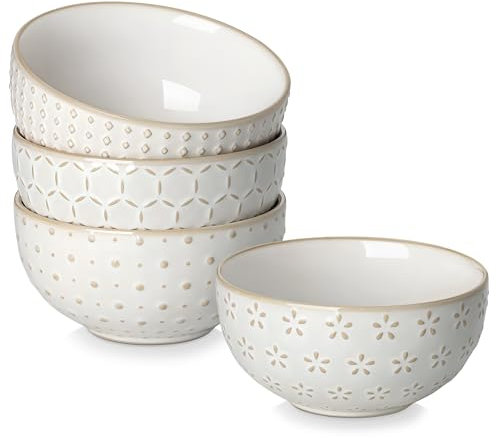 MALACASA 420ML Cuencos Aperitivos de Gres, Juego de 4 Piezas Bowl Desayuno en Blanco para Sopa, Ensalada, Cereales - Serie LYDIA