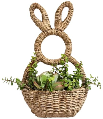Bunny Panier Suspendu Décoration de Printemps de Poche Murale, Panier Lapin de Pâques en Osier Couronne de Pâques pour Avant Extérieur Intérieur, Sac Mural Non Doublé pour Oeufs, Fleurs, Cadeaux