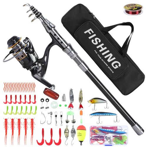 Achort Teleskopangel 1,8m Angelrolle Angelruten-Spule Kombi Set, Angelset Spinnrollen Angelzubehör mit Angelschnur/Angelköder-Zubehör/Tragetasche zum Angeln in Salzwasser und Süßwasser