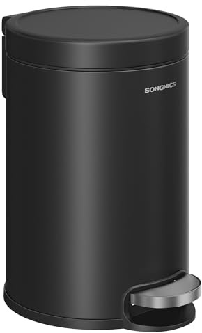 SONGMICS Bathroom Pedal Bin, 0.8 Gallon (3 L) Steel Toilet Bin with Soft-Close Lid, Inner Bucket, for Waste, Bedroom, Ink Black LTB013BZ01