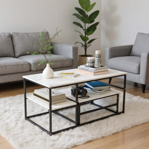 MISNODE Set med 2 moderna stapelbara soffbord, rektangulärt soffbord med sidobord, moderna fuskmarmormönster för vardagsrum (svartguld-B)