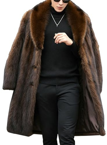 Long Faux Fur Coat For Men Winter Fluffy Thick Mink Style Trench Coat Soft Warm Outerwear Fashion Jacket Brown 3X-Large