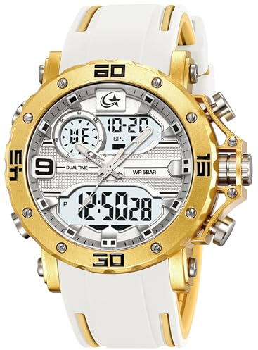 findtime Herrenuhr Militär Digitale Analoge Sportuhr Outdoor Dual Time Wasserdicht LED Beleuchtung Groß Zifferblatt Uhren für Männer mit Wecker Datum 12/24h Stoppuhr Chronograph Tactical Weiß Gold