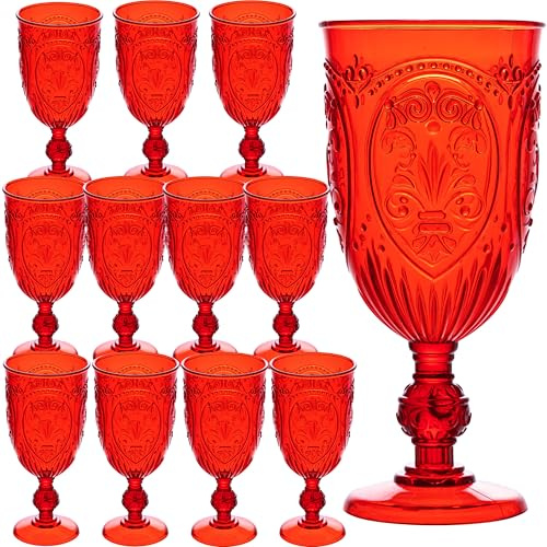 JLYLOL Plastic Wine Glasses 12Pcs Plastic Goblets 7.5oz Colored Retro Embossed Glassware Vintage Stemmed Drinking Cup Reusable Water Goblets for Wedding Reception Grand Event Party Bar,Whiskey (Red)