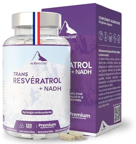 ALPS NATURE NADH Panmol Breveté + Trans-Resvératrol 98% Pur – Formule à Haute Biodisponibilité et Stabilité – Énergie Cellulaire, Soutien Mitochondrial et Antioxydant – Complément Sans Gluten