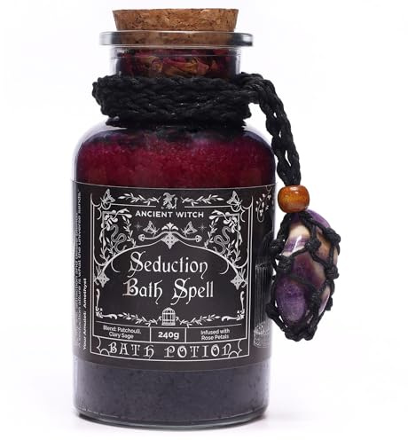 Ancient Witch Bath Spell Potion with Amethyst Crystal Amulet, Seduction Scent, Aromatherapy Bath Salts, Vegan, Natural, Patchouli & Clary Sage, 240g