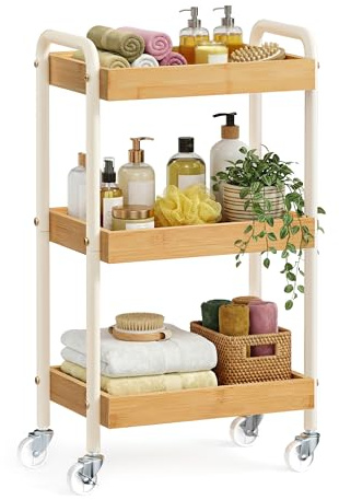 SONGMICS Storage Cart, Auxiliary Trolley, Kitchen Shelf with Handles, Easy Assembly, Bedroom, Bathroom, Kitchen, Steel Frame, 27.5 x 41.5 x 73 cm, Natural Beige LRC081YL01