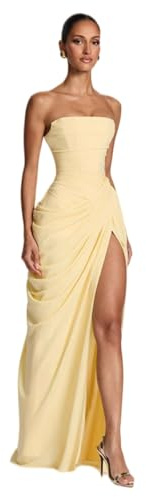 Veslyn Vestito Elegante Abito da Festa Senza Cinturine Donna - Split Maniche Piegato in Vita per La Primavera, Sera E Gli Eventi Speciali-Yellow-s