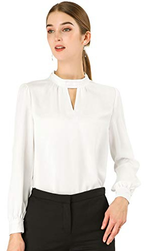 Allegra K Women's Work Office Tops Business Professional Shirt Elegant Stand Collar Fall 2024 Long Sleeve Blouses Small White