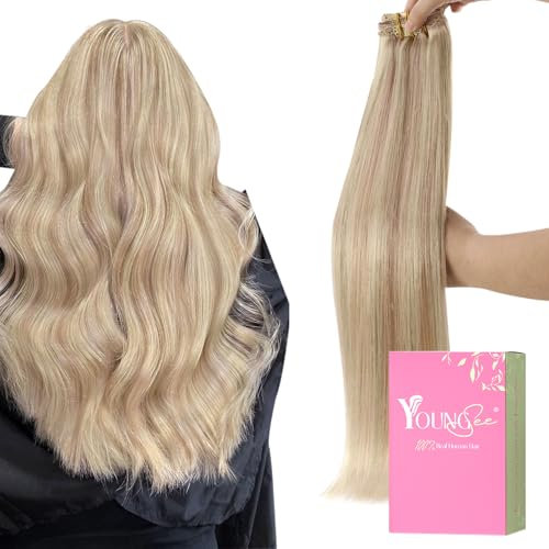 YoungSee Clip in Extensions Echthaar Blond Gesträhnt Echthaar Extensions Clip Aschblond und Warmblond Remy Clips Haarextension Blond Haare Glatt fur Damen 7 Stück 80g 30cm #18/613