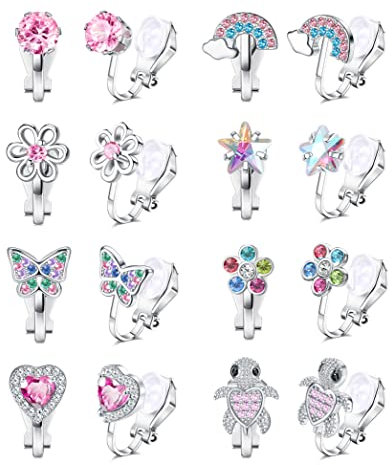JeweBella 8 Paar Ohrclips Kinder Mädchen Clip on Ohrringe Ohne Ohrloch Herz Stern Blumen Regenbogen Schildkröten Niedlich Rosa Hypoallergene Ohrclips für Ohne Ohrlöcher Schmuck für Kinder Mädchen