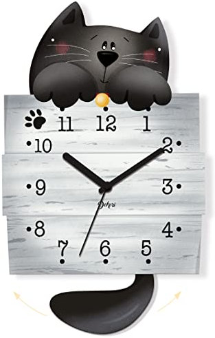 DEKORI Orologio da Parete con Pendolo – Design Gattino Nero, Silenzioso, Artigianale, in Legno per Cucina, Cameretta o Casa, 37x22 cm