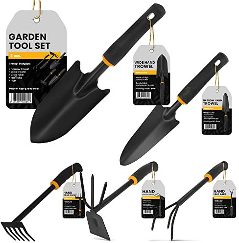 Outils Jardinage 5 Pièces | Transplantoir à Main pour Jardin Mini Pelle Mini Râteau Serfouette Panne et Fourche Poignée Ergonomique Multifonctions Fleurs Balcon